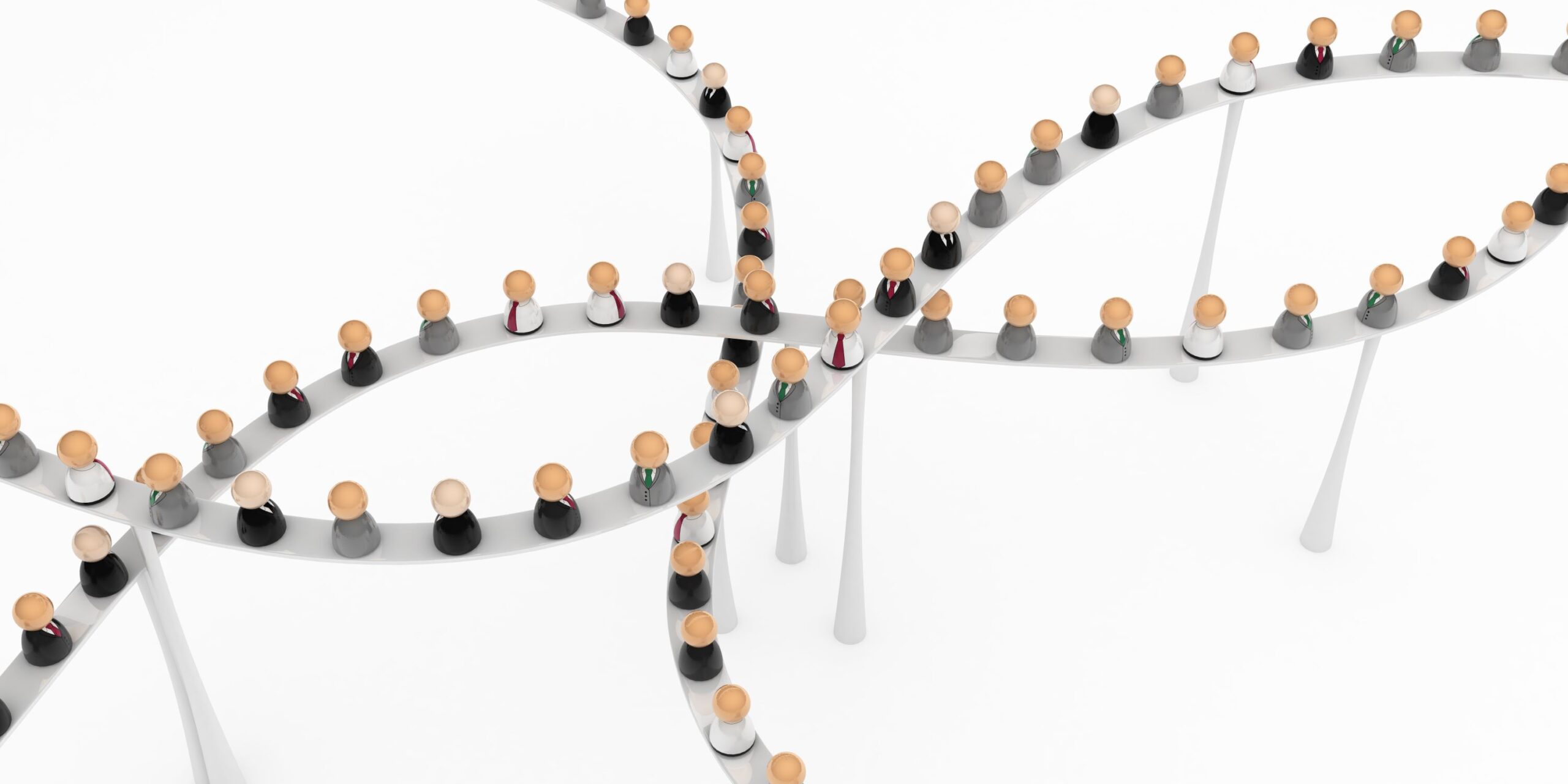 Little people figures on a moving on paths